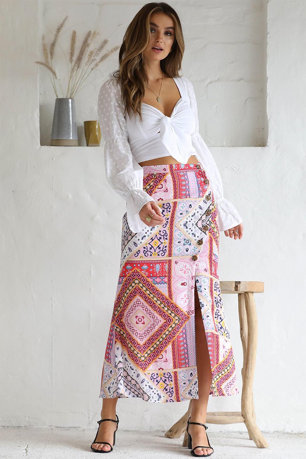 Boho maxi 2025 skirt pink